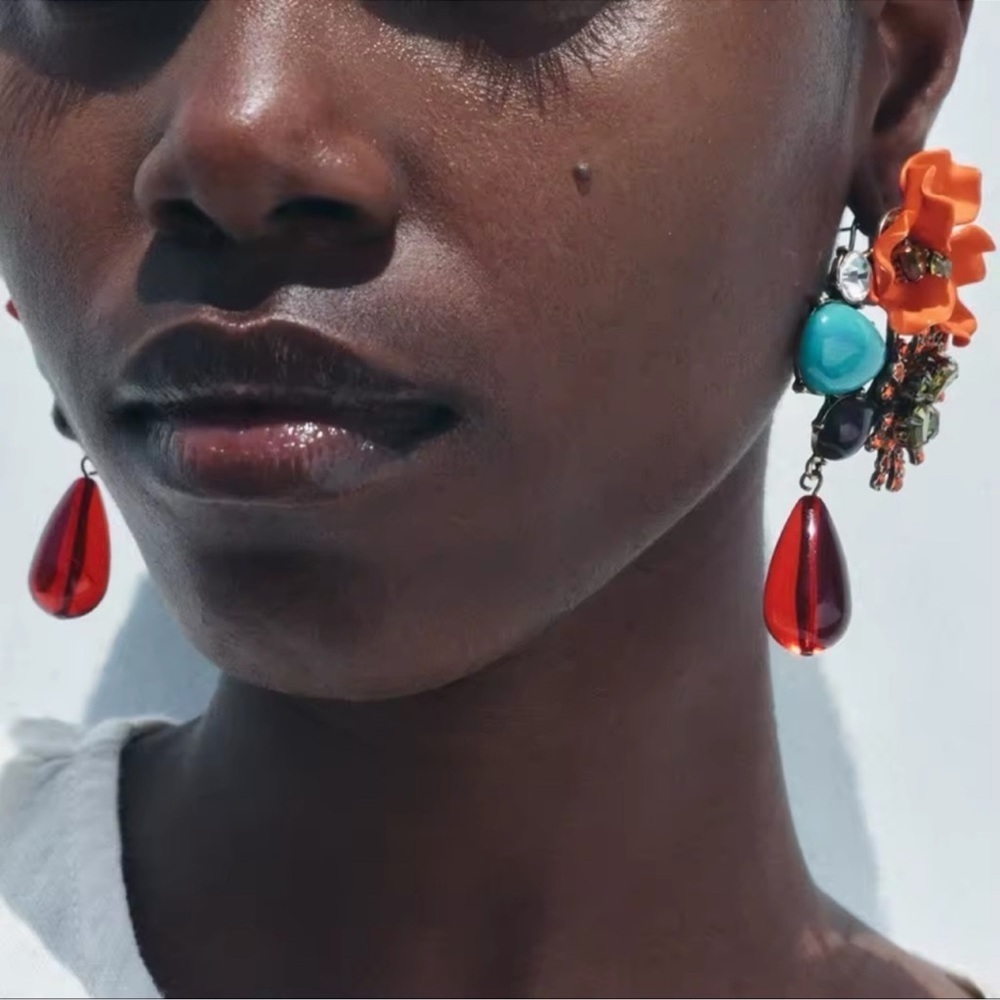 Floral Orange Gemstone Drop Earrings - Picture 7 of 7